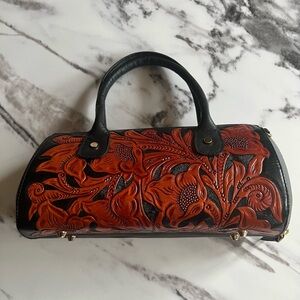 Leather Black and Brown Floral Design Handbag NWOT